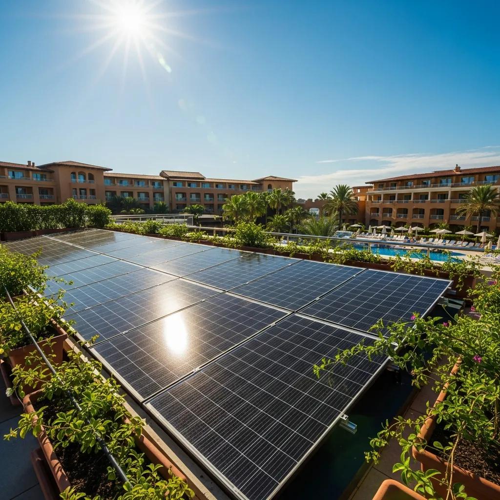 Solar panel installation on a hotel rooftop surrounded by greenery, promoting sustainability and energy savings for the hospitality industry.