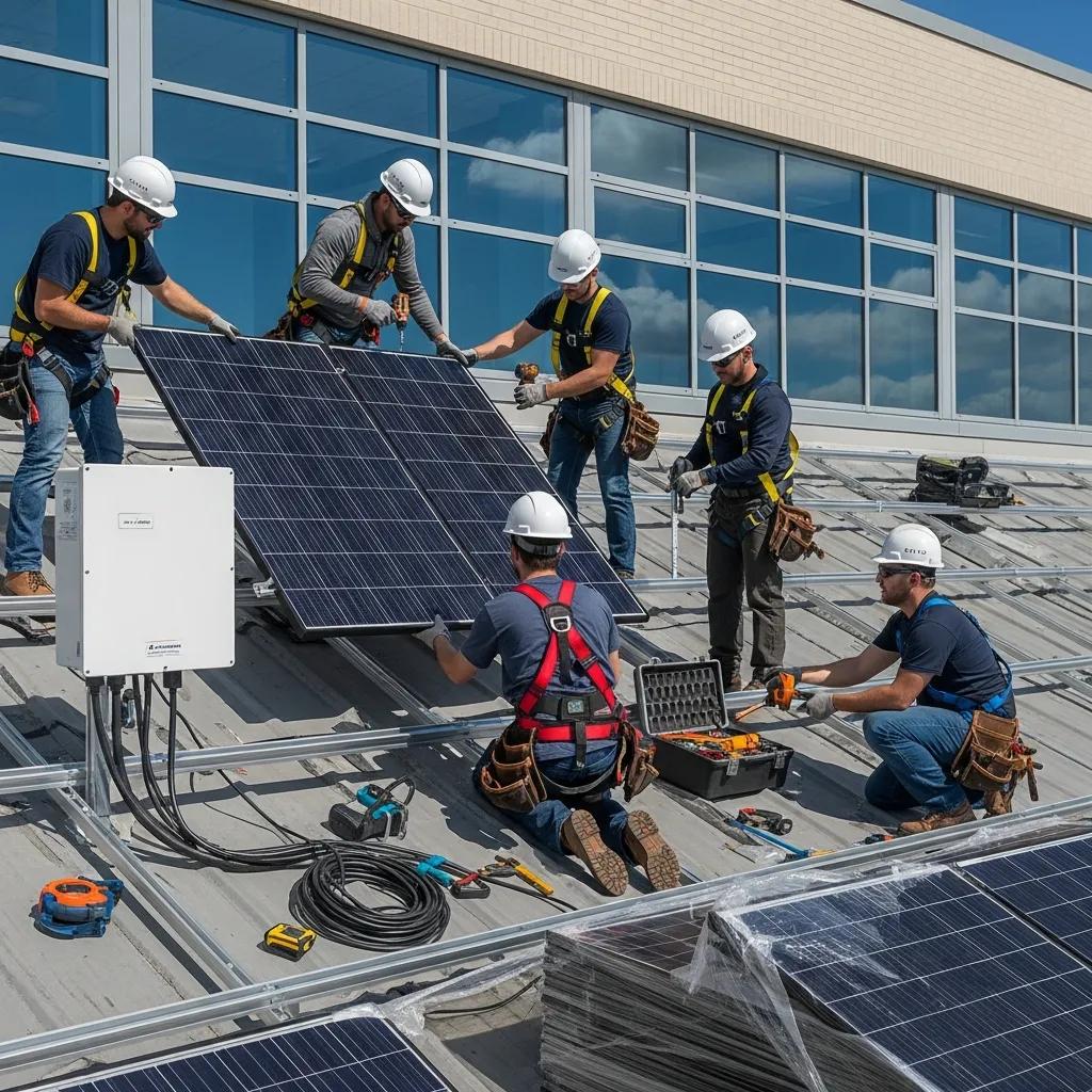 Team installing solar panels on school rooftop, showcasing installation process