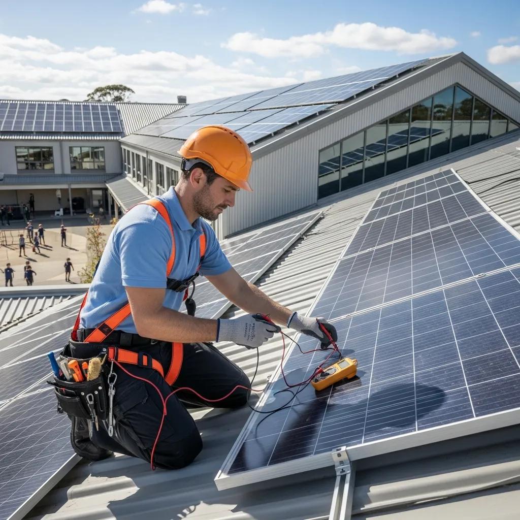 Technician maintaining solar panels at school, ensuring system longevity
