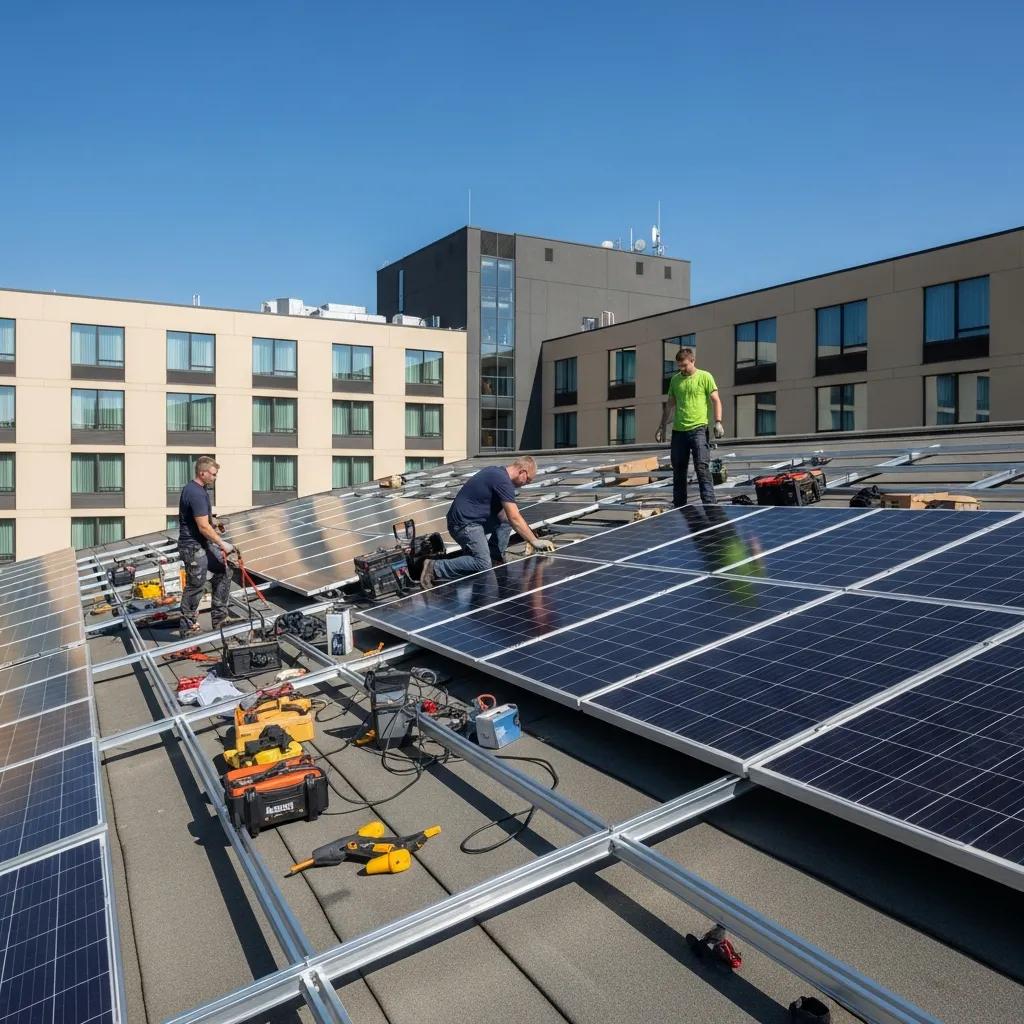 Technicians installing solar panels on a hotel roof, showcasing the commercial solar installation process for sustainable energy solutions in the hospitality industry.