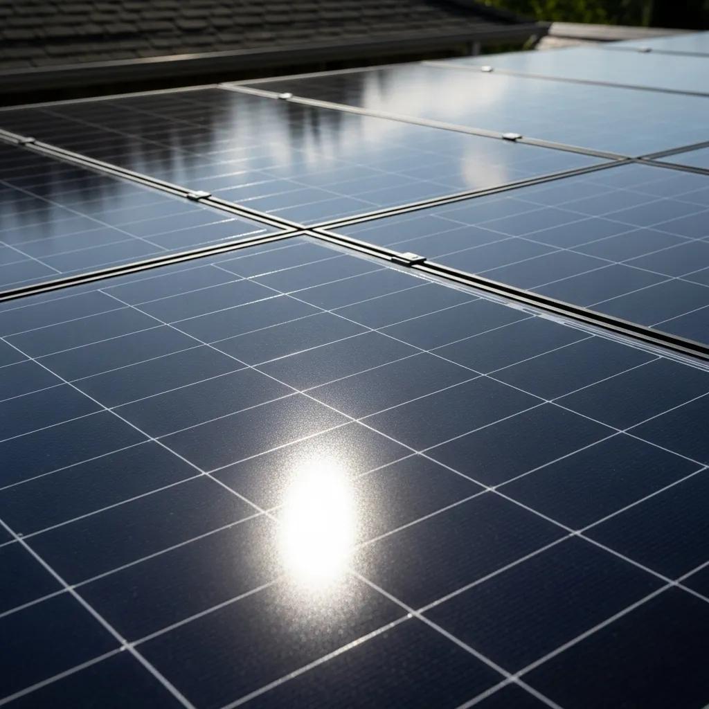 Close-up of sleek monocrystalline solar panels in a sunny outdoor setting