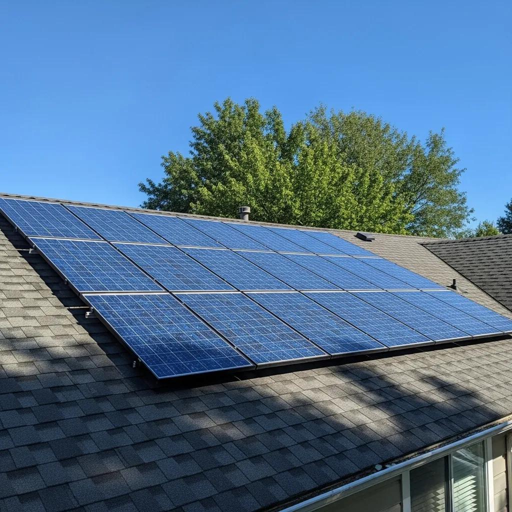 Polycrystalline solar panels on a residential roof with clear skies