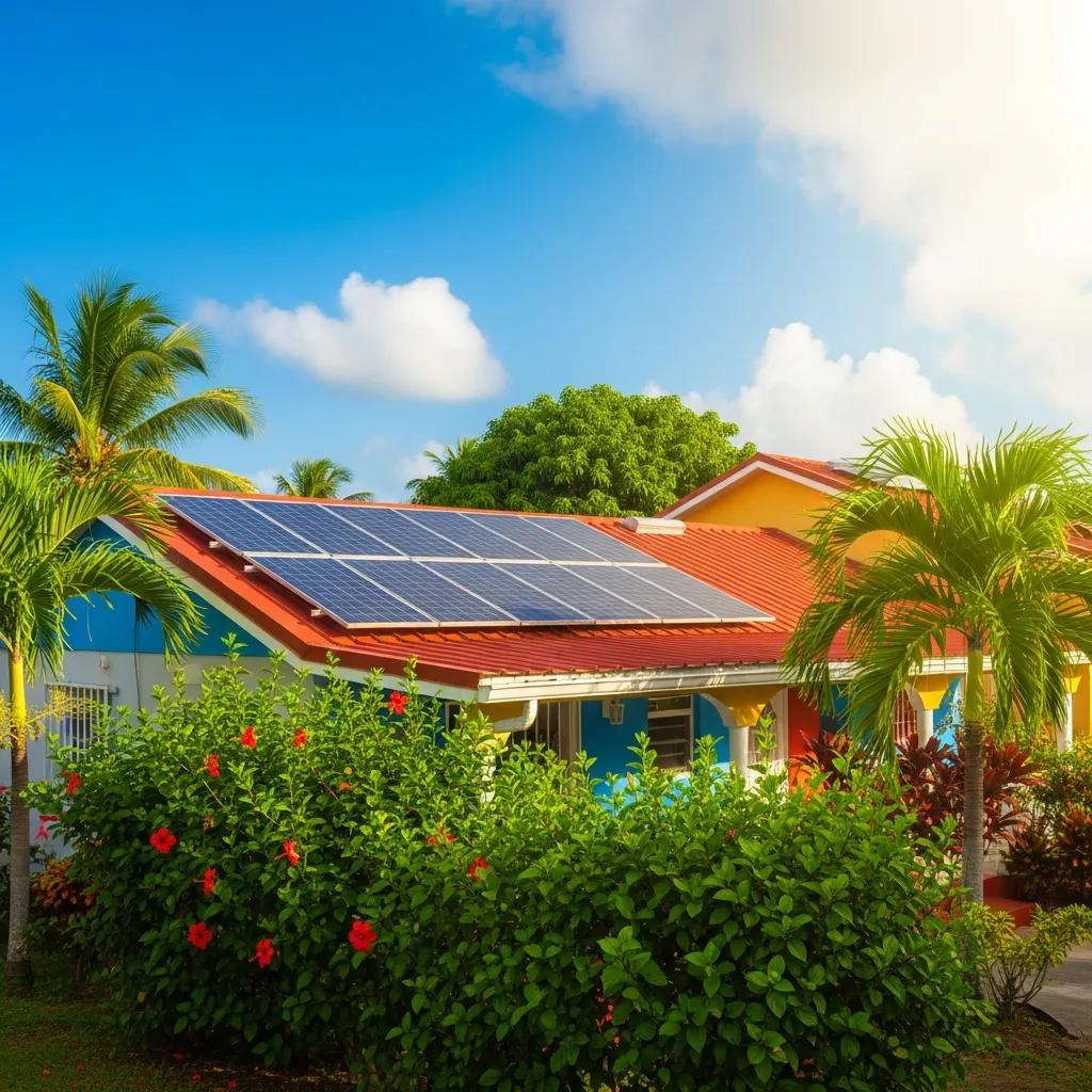 Residential home in Puerto Rico featuring solar panels on a red roof, surrounded by lush greenery and colorful flowers under a clear blue sky, highlighting solar energy solutions.