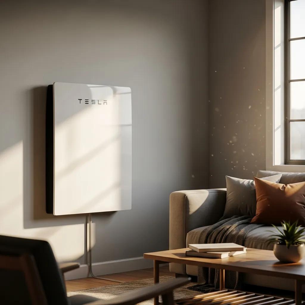 Tesla Powerwall unit in a home setting, showcasing its modern design and energy storage capabilities